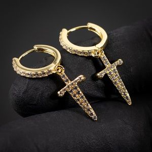 Men's Yellow Gold Sterling Silver Iced Dangle Dagger Cross Hoop Earrings